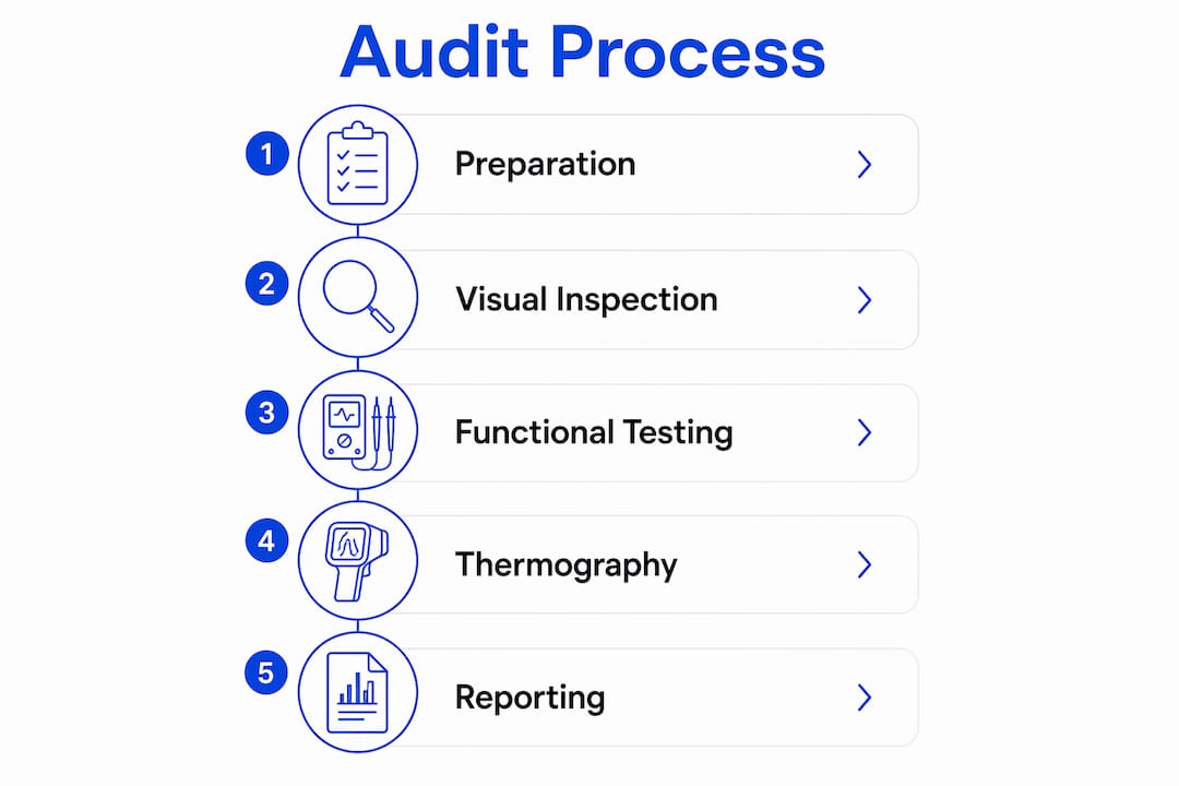 Infographic illustrating electrical switchboard audit steps
