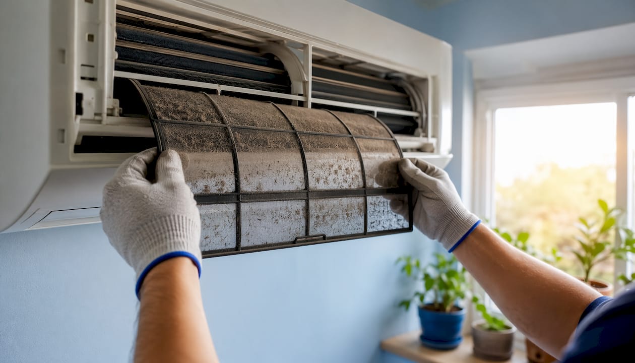 Hands removing dirty air filter from AC unit