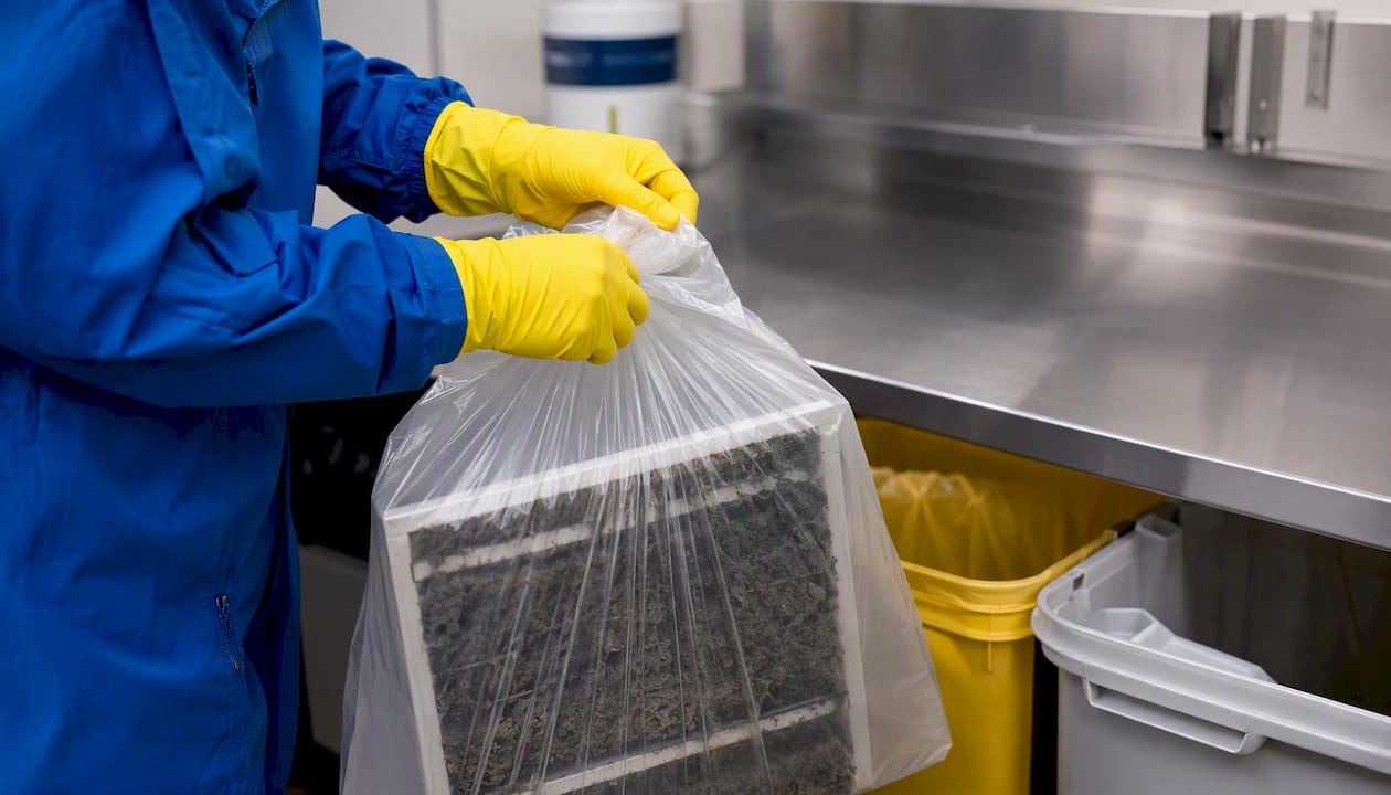 Worker sealing used HVAC filter in plastic bag