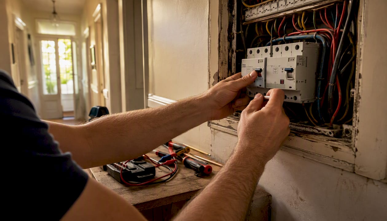 Hands testing RCD switches in switchboard
