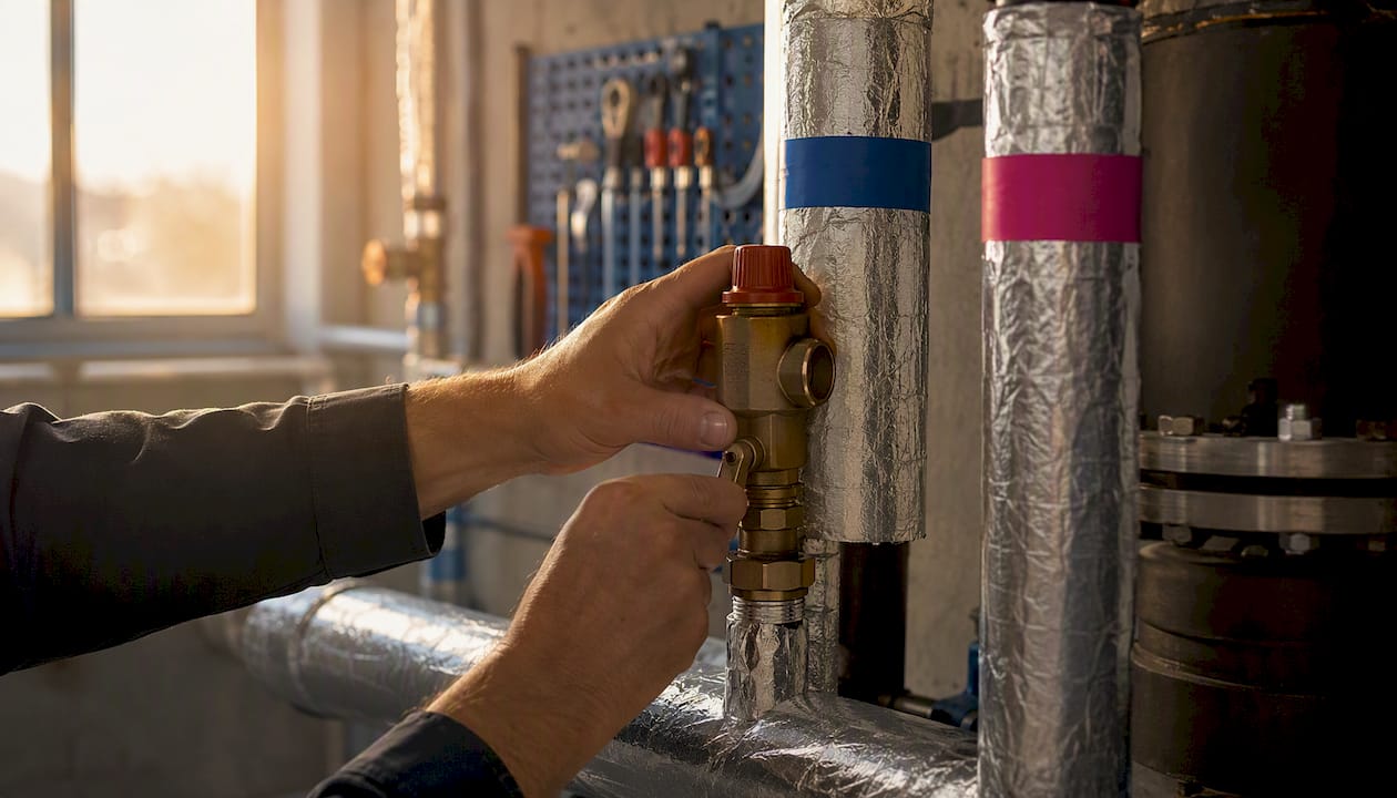 Technician adjusting pressure gauge in plant room