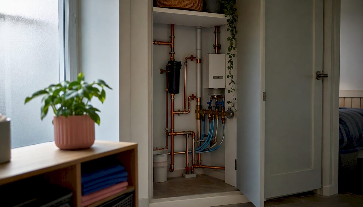 Apartment utility cupboard without hot water cylinder