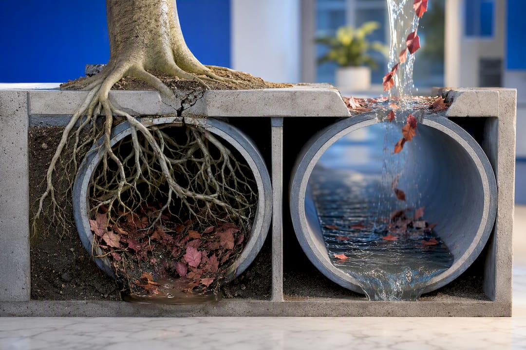 Roots and debris blocking a stormwater pipe