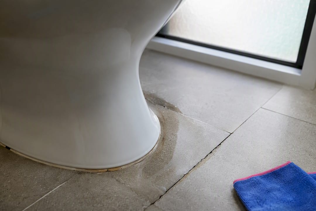 Water stain near bathroom toilet base
