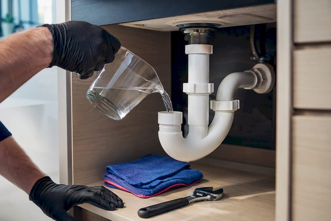 Water being poured into bathroom P-trap