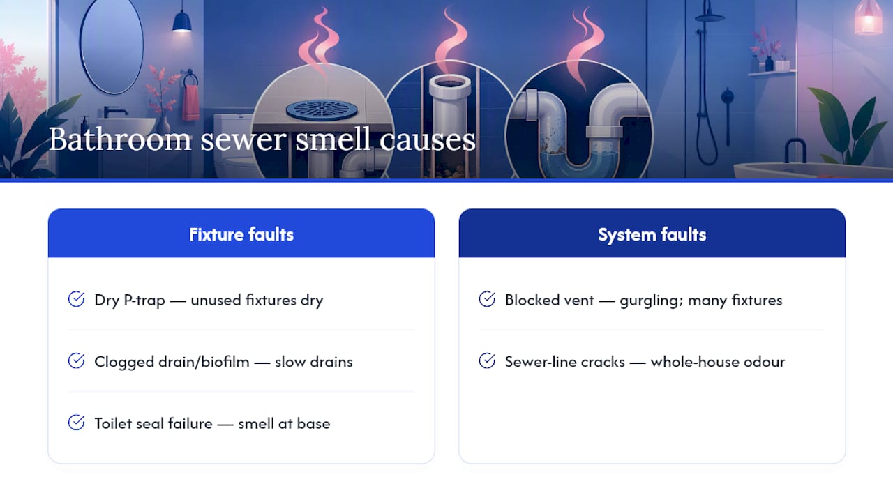 Six causes of bathroom sewer smell grouped by fault type