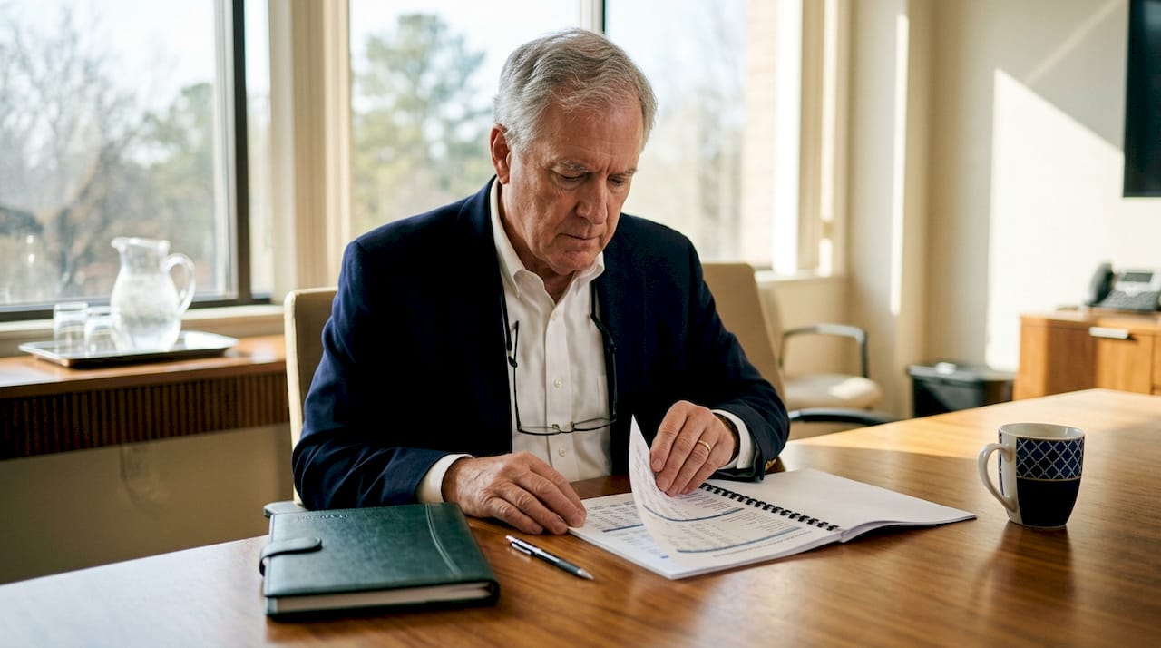 Hands reviewing financial report at desk