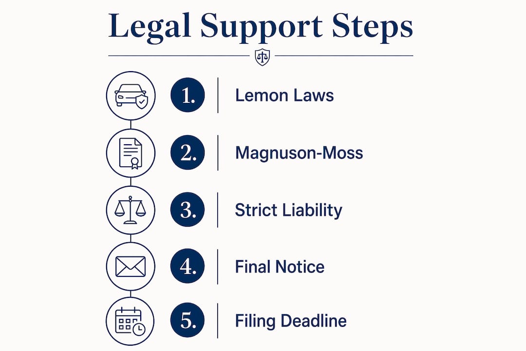 Infographic illustrating legal steps for defective vehicle claims