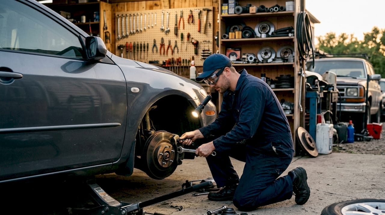 Mechanic inspecting car brakes in repair garage