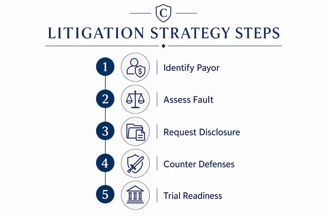 Infographic illustrating litigation strategy steps