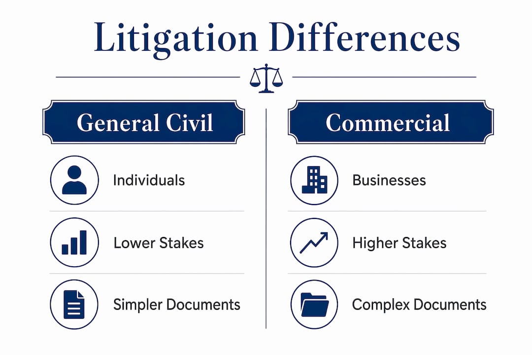 Infographic comparing commercial and civil litigation