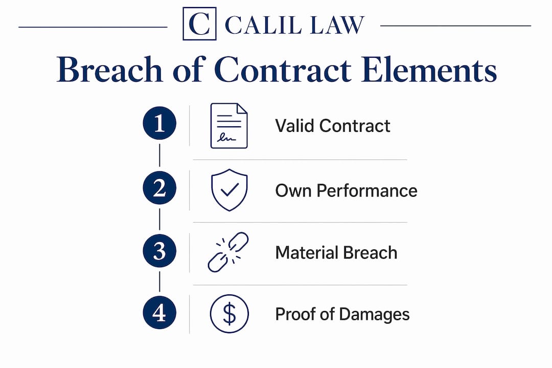 Infographic illustrating four key elements of breach of contract