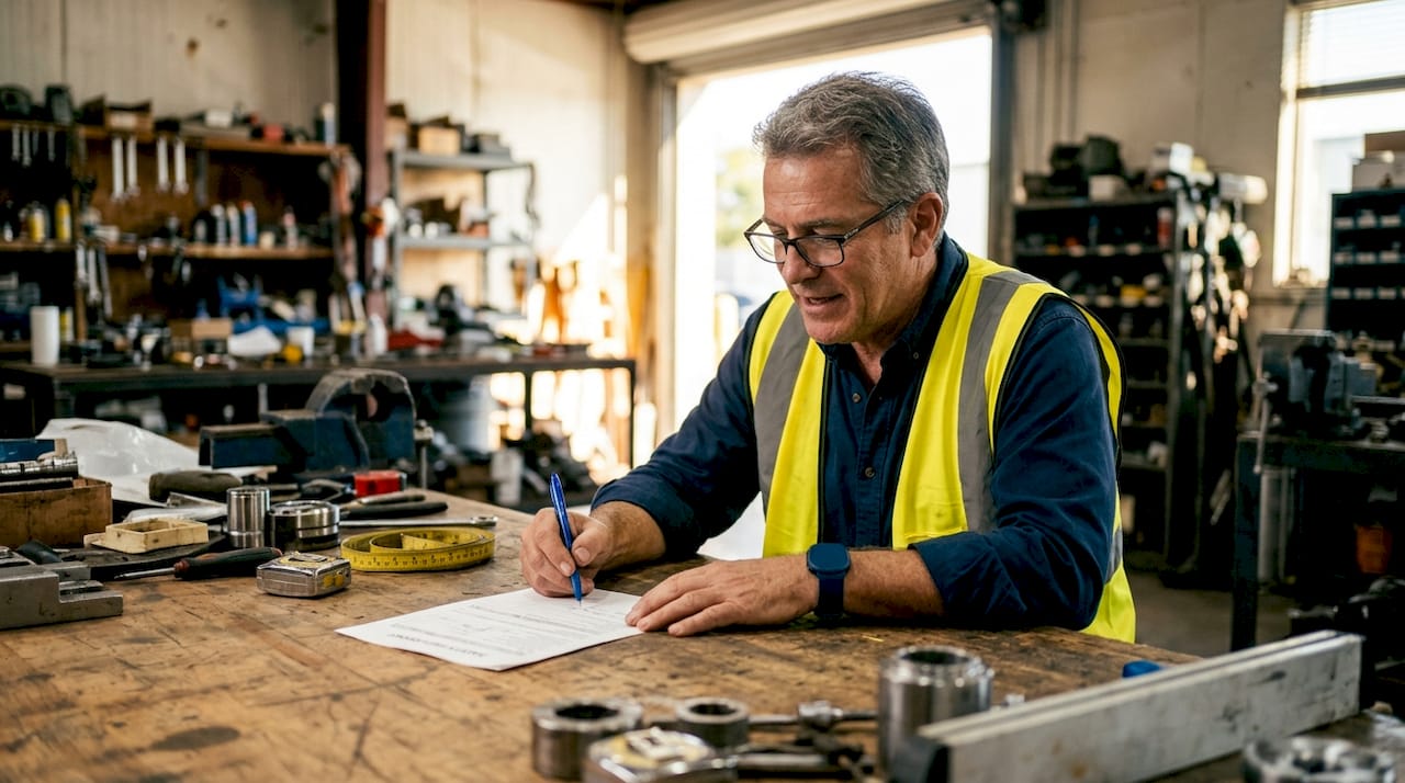 Factory supervisor reviewing safety report