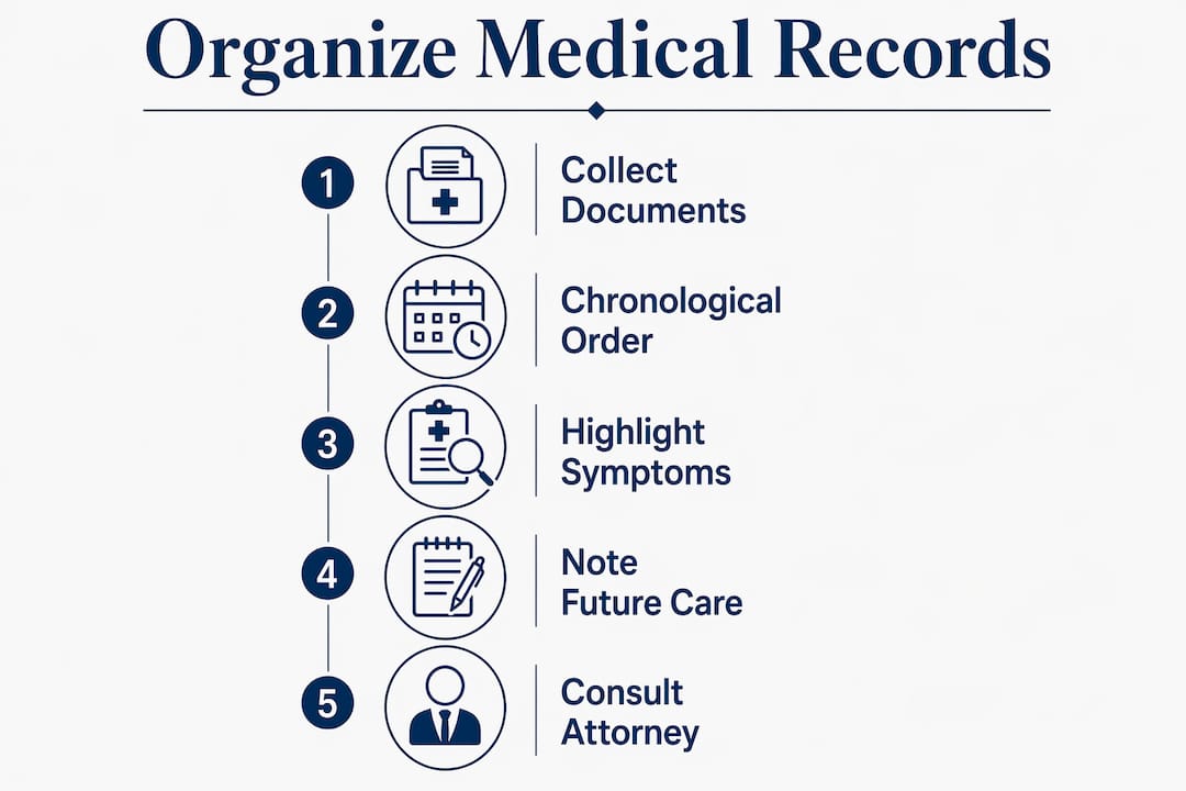Infographic illustrating steps to organize injury medical records