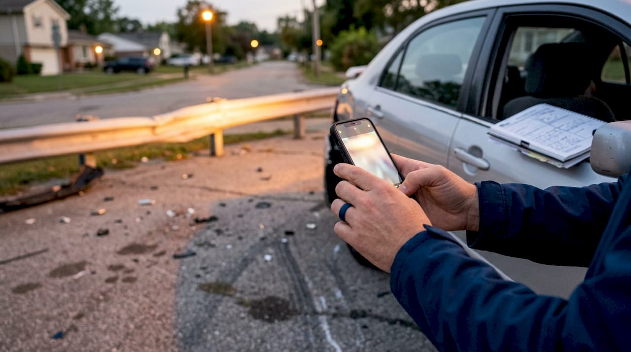 Hands photographing accident scene evidence