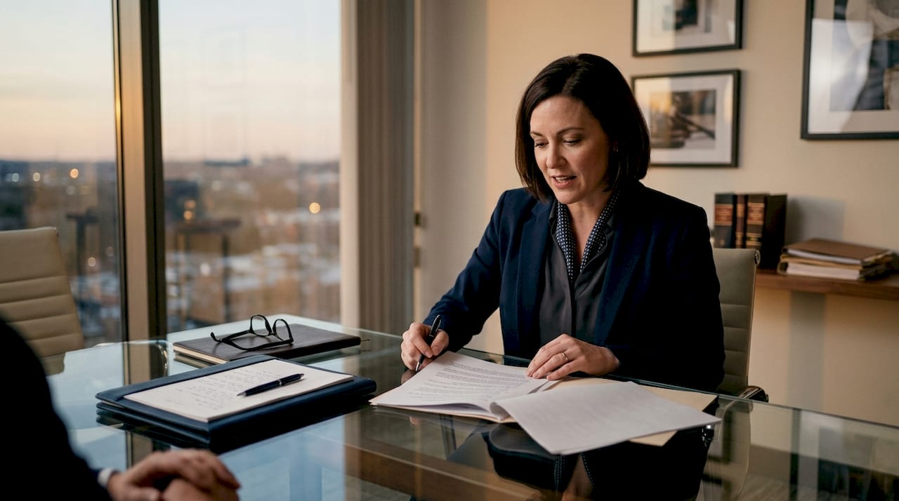 Attorney hands with settlement and lien documents