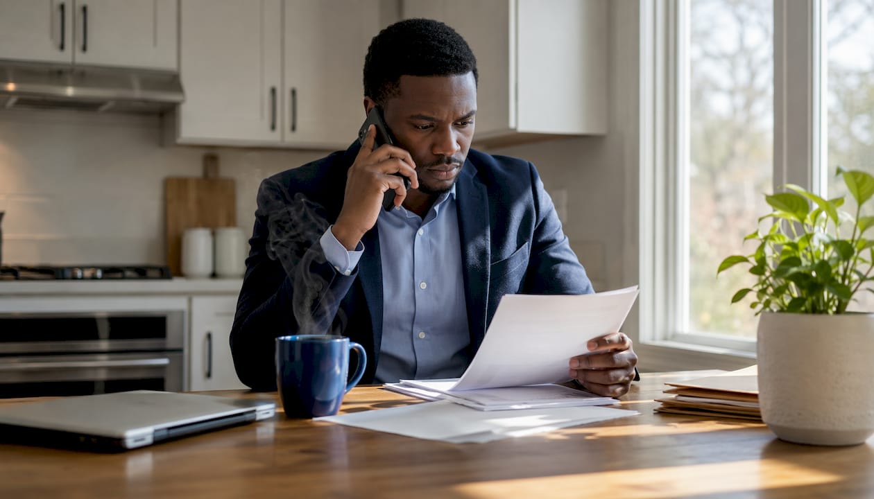 Man reporting injury details on phone at home desk