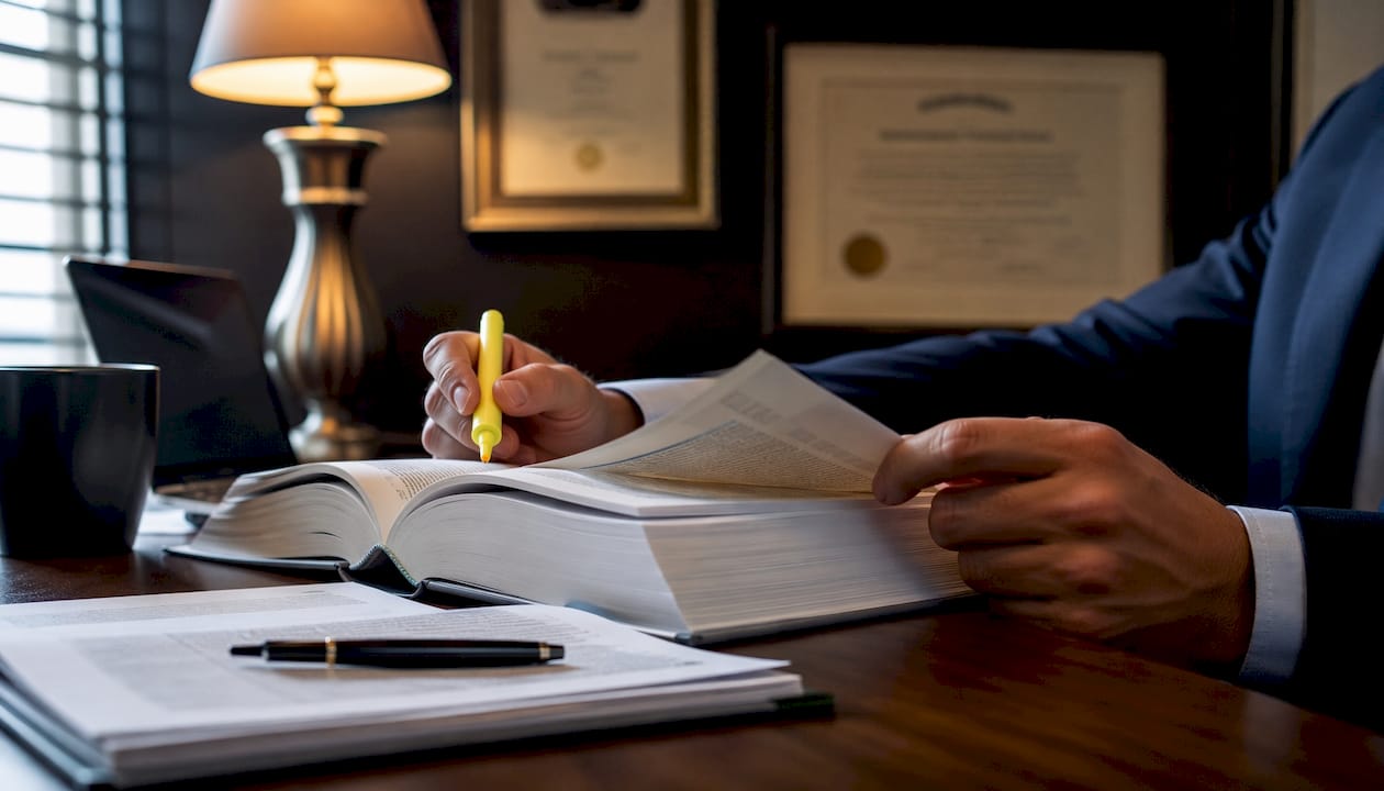 Hands studying legal doctrines and cases