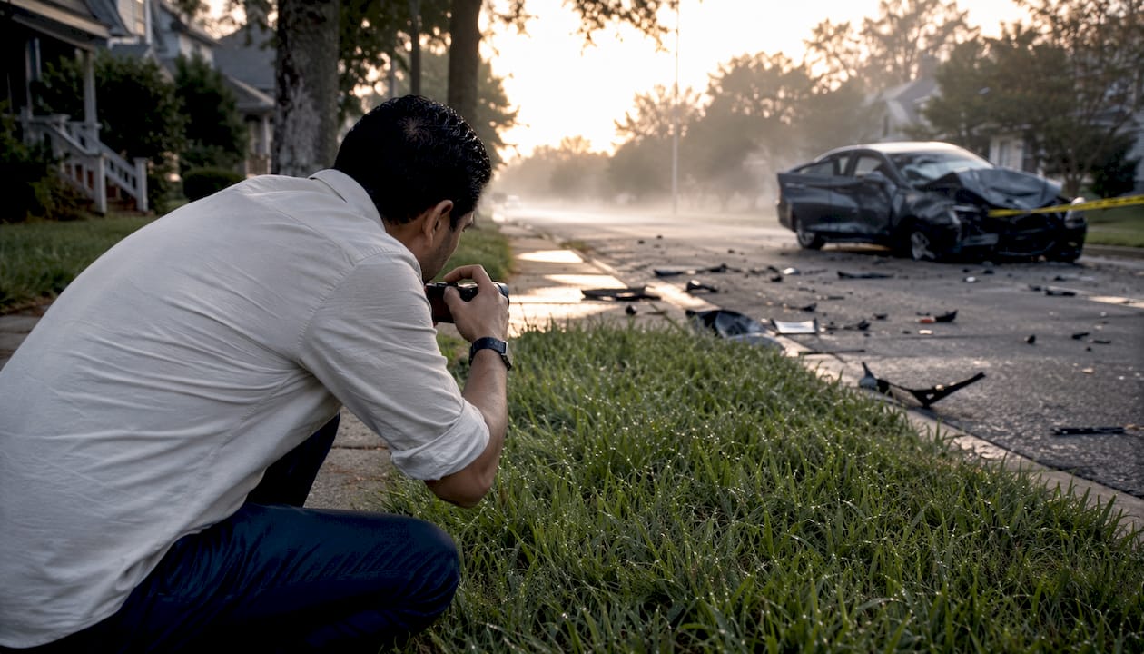 Photographer documenting Uber accident damage