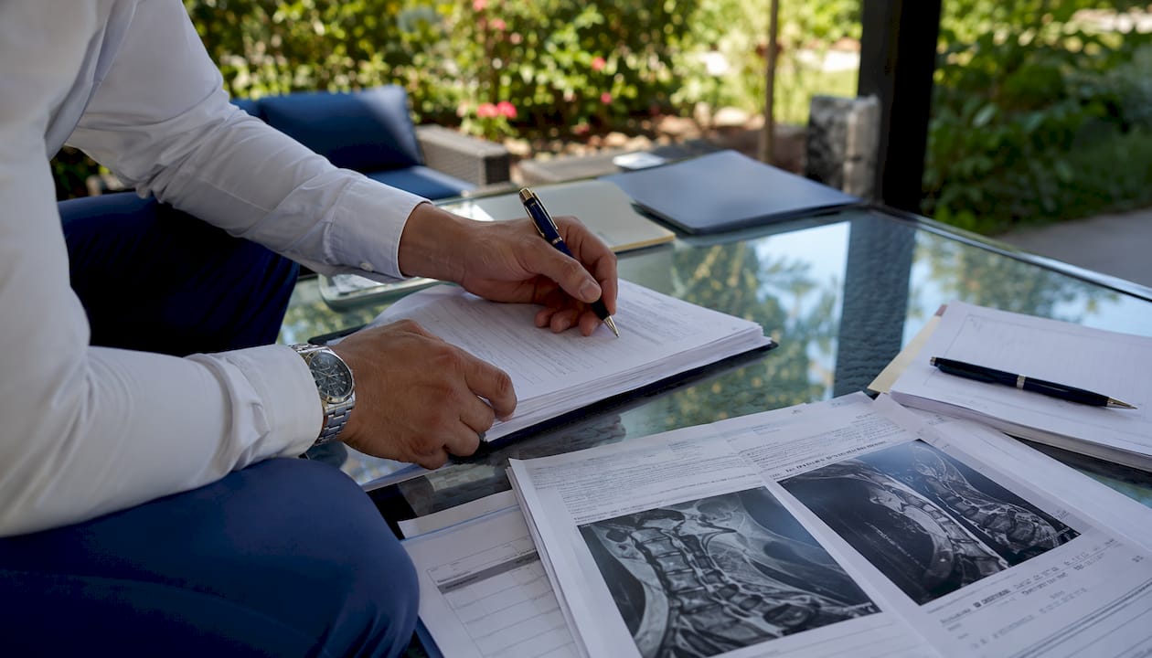 Hands reviewing spinal injury legal documents