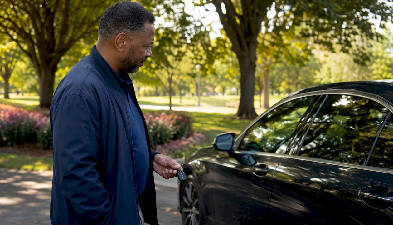 Man holding car keys outdoors near vehicle