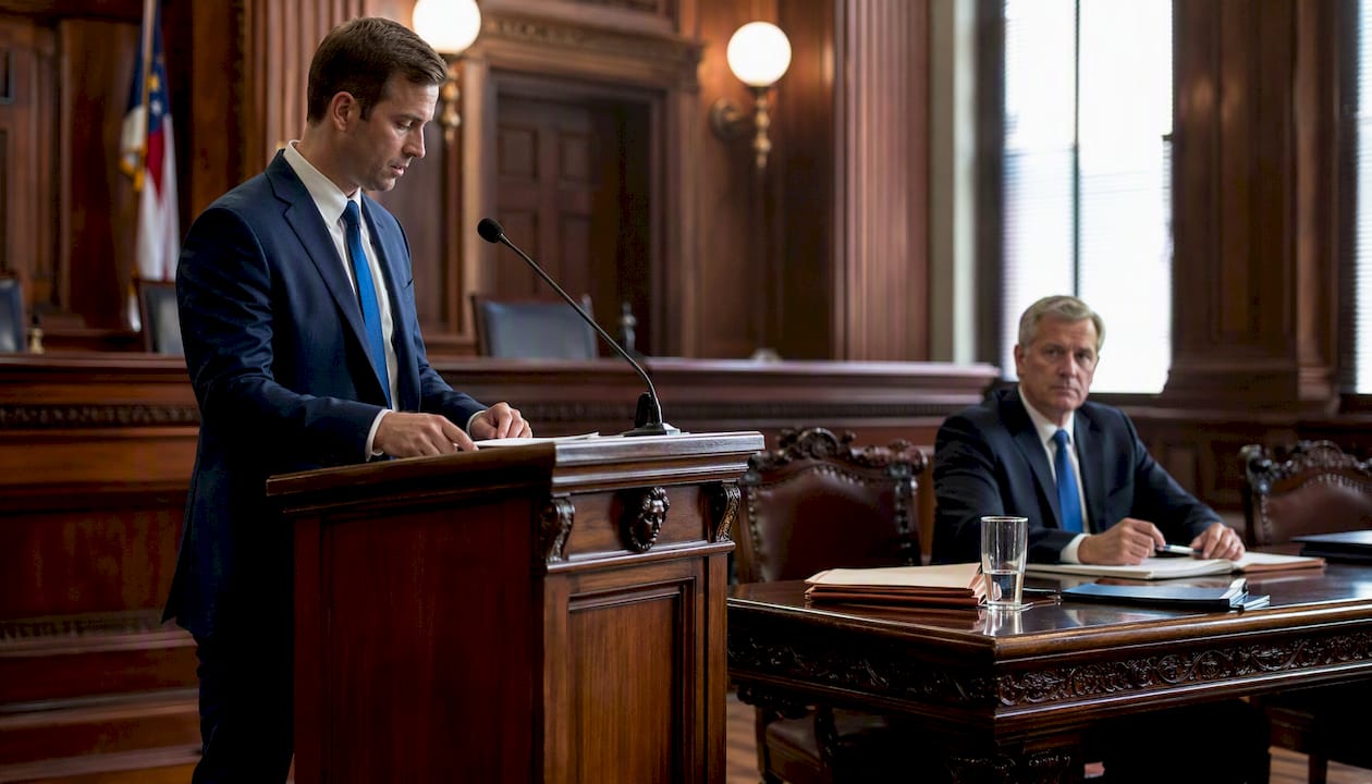 Plaintiff and attorney preparing in courtroom