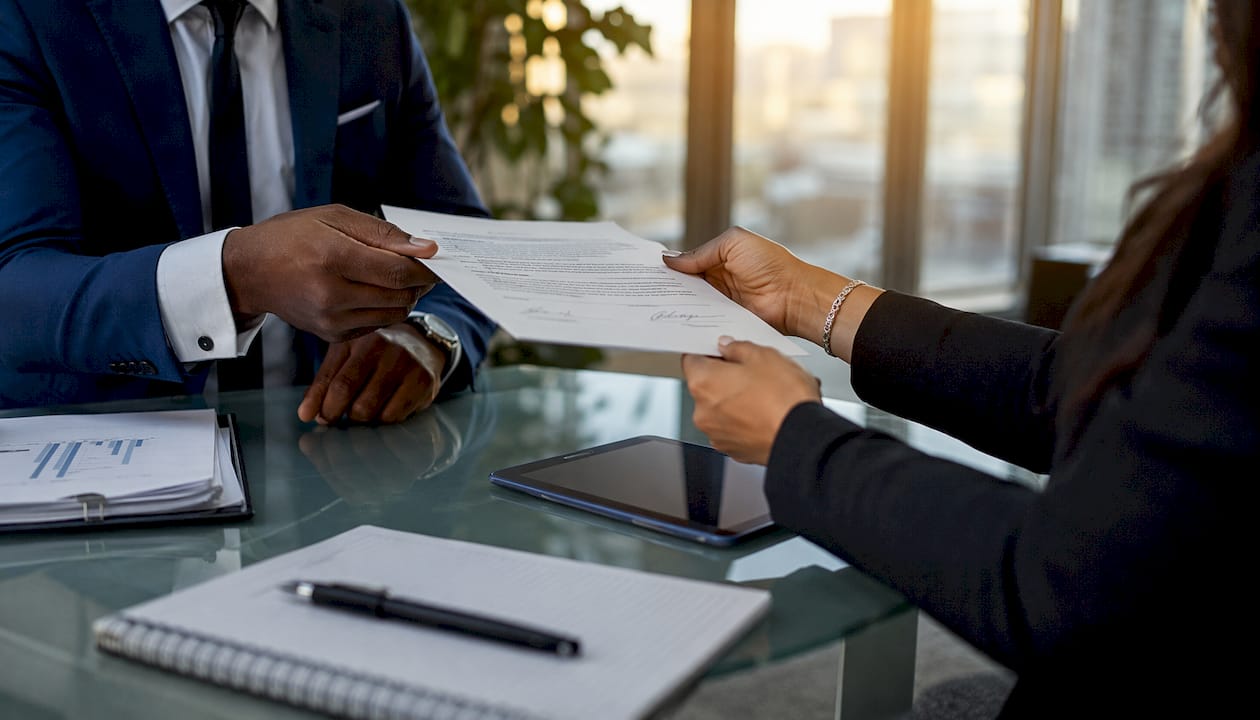 Hands exchanging signed settlement agreement
