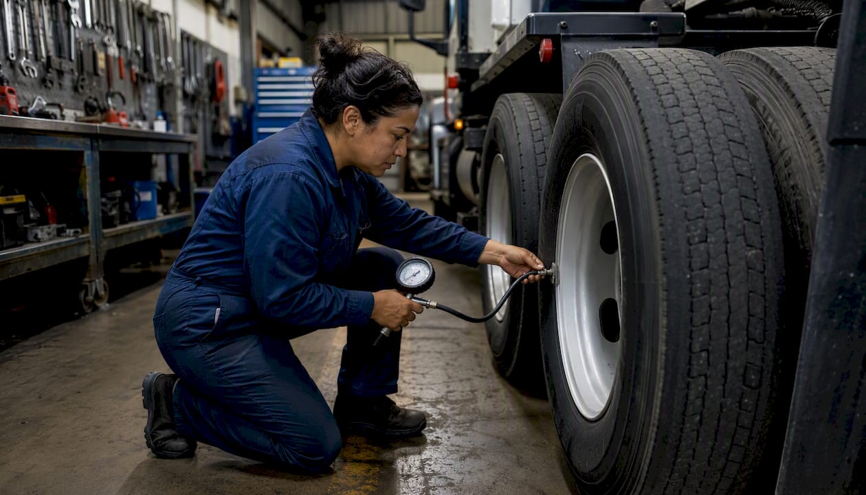 Mechanic checking truck tires during inspection
