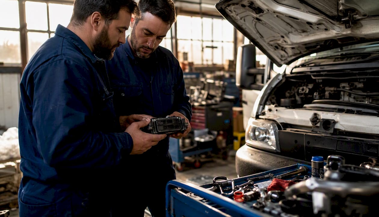 Mechanics preparing ELD installation in truck garage