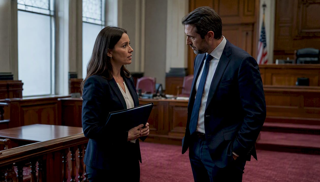 Two lawyers discussing jury award reduction