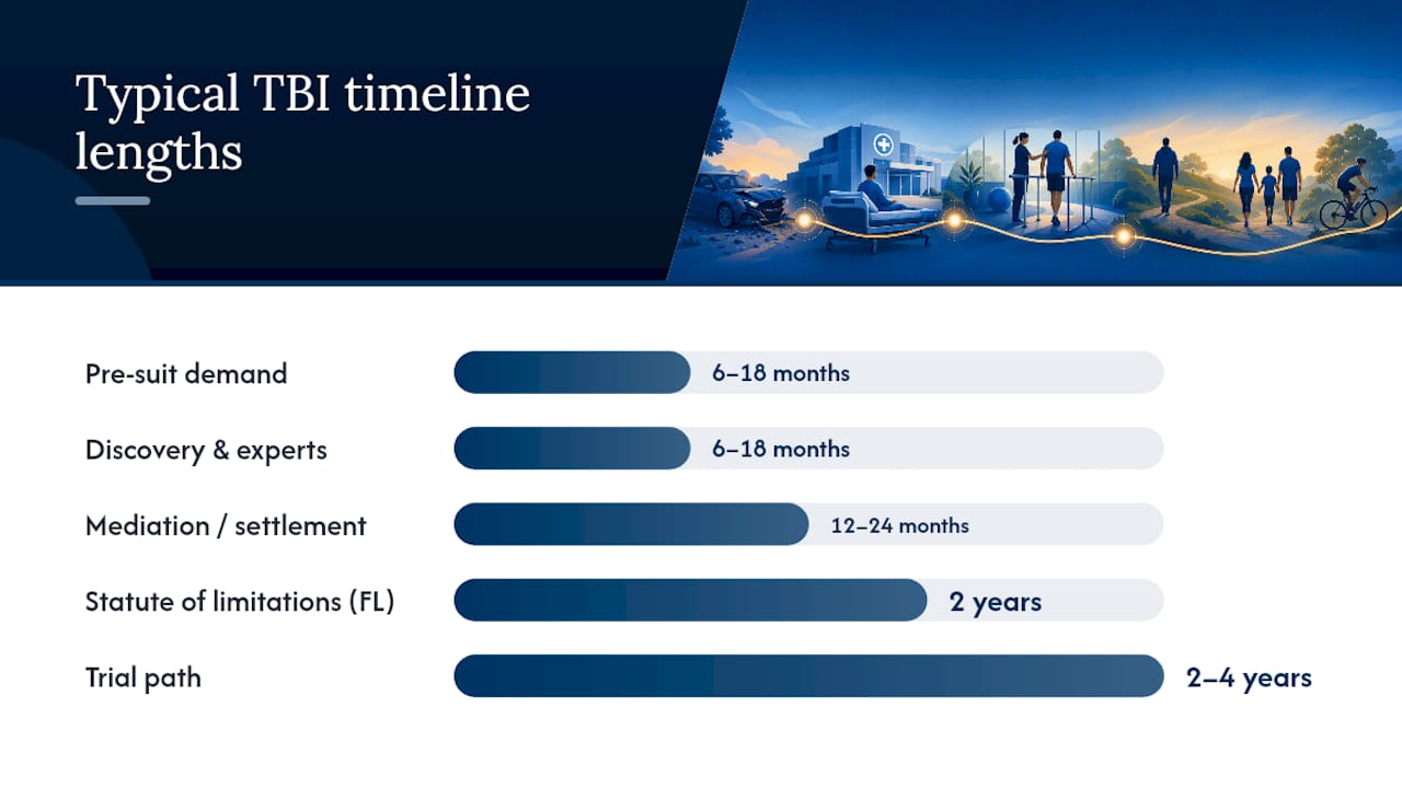 What does the timeline for a TBI case look like? — overview diagram