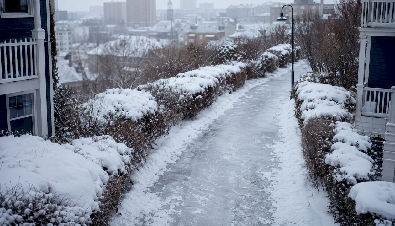 Icy walkways with untreated snow and ice