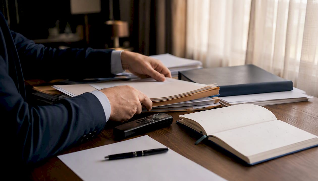 Hands organizing insurance appeal documents on desk