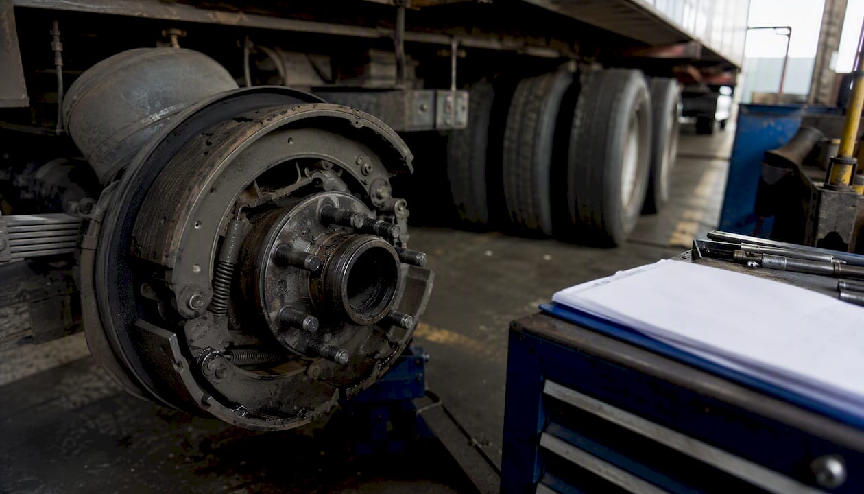 Close-up of truck brake parts and maintenance log