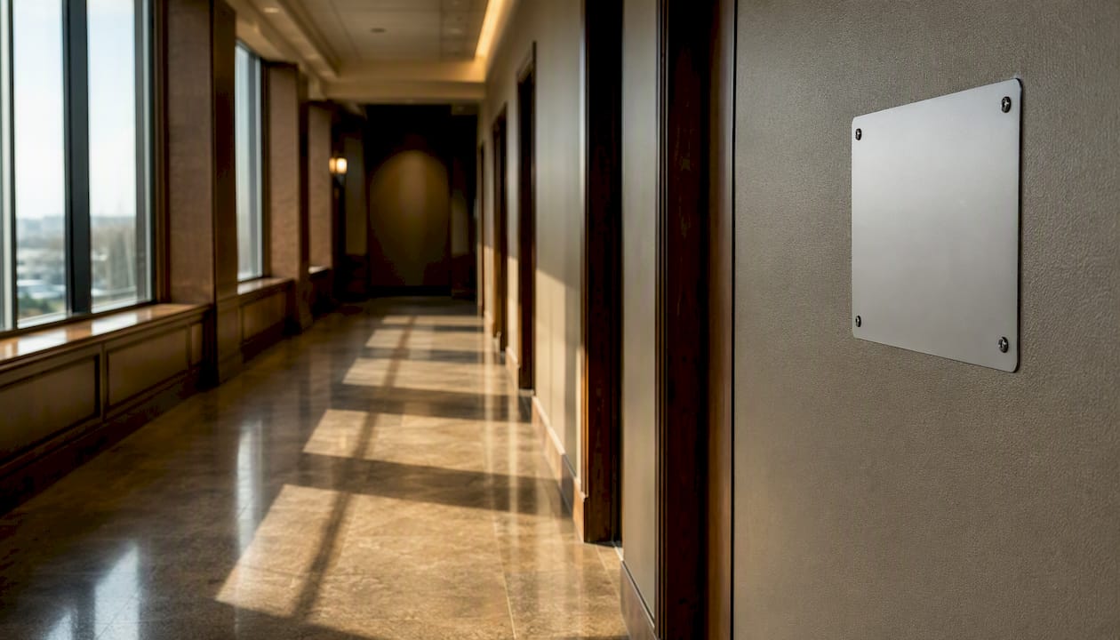 Workplace hallway with safety hazard sign