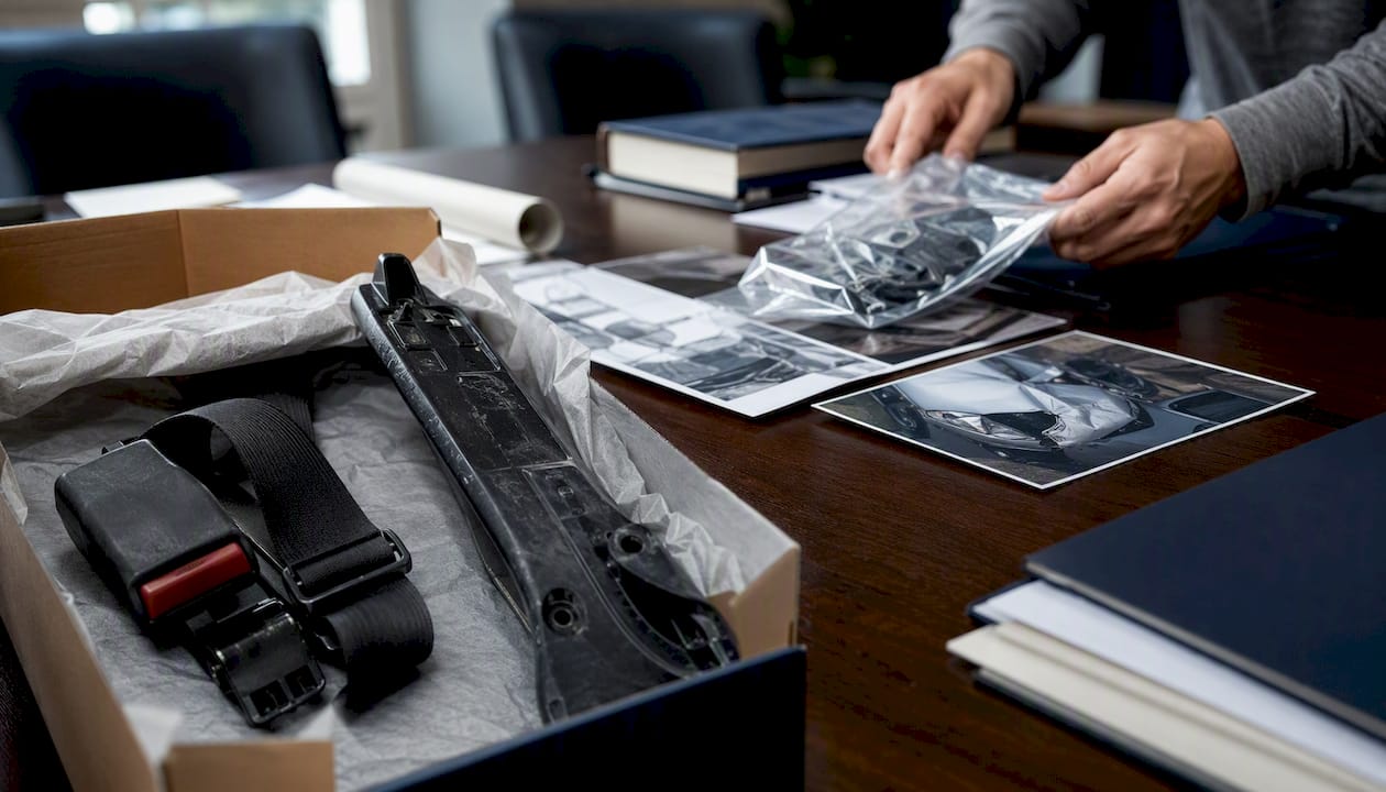 Hands organizing car crash evidence on table