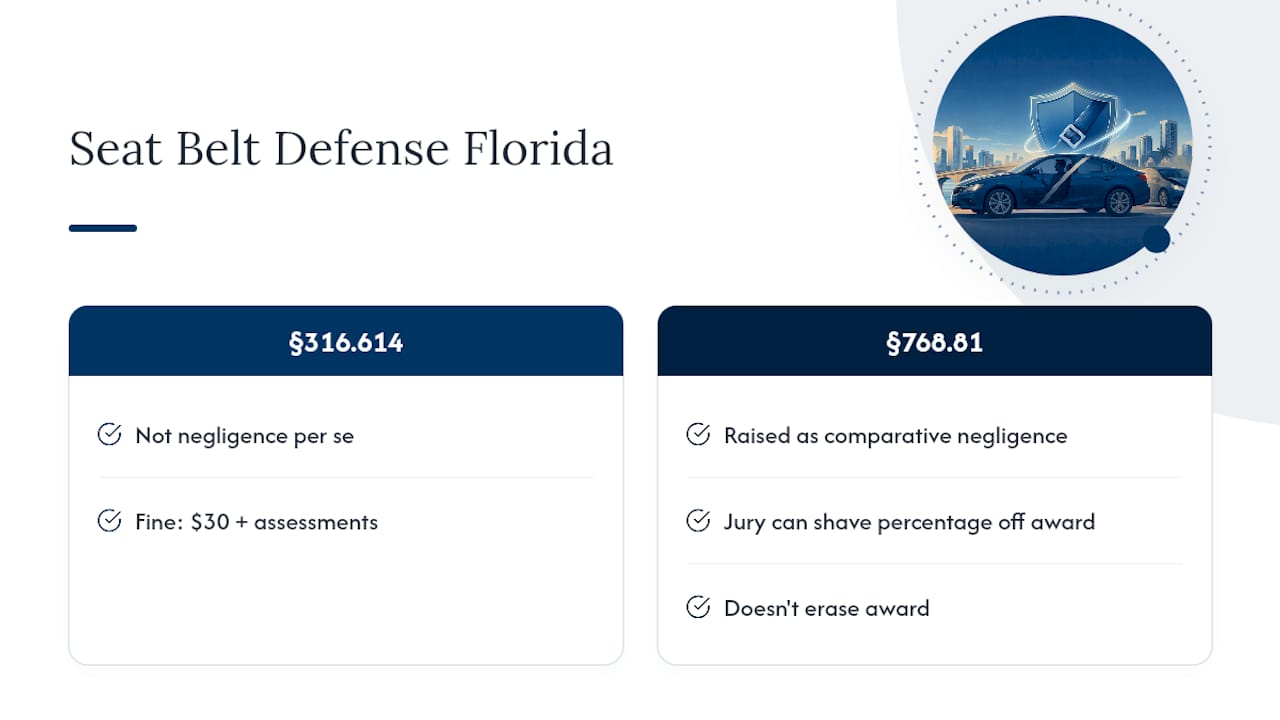 Diagram of comparative negligence reducing injury settlements due to seat belt defense