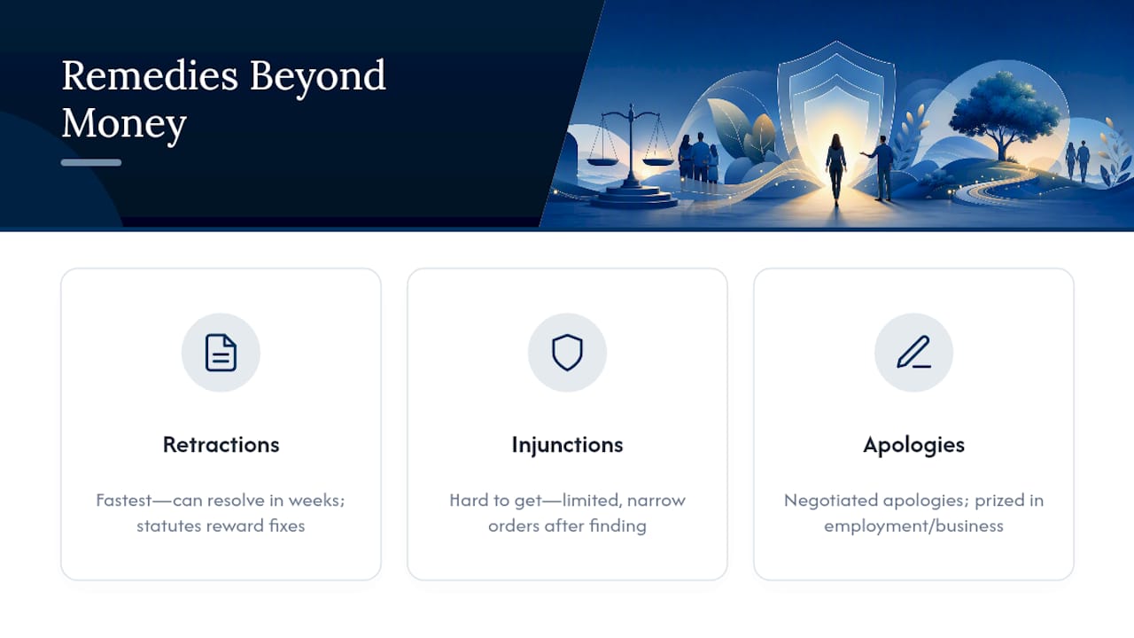 Diagram showing slander remedies: retractions, injunctions, apologies