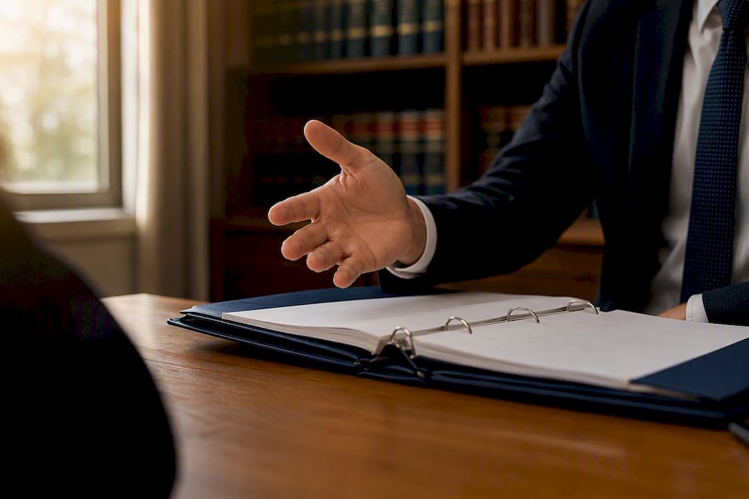 Lawyer's hand gesturing over legal binder