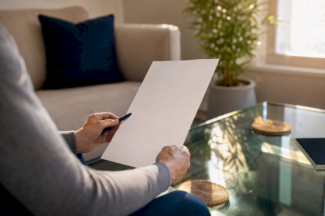 Hands holding blank paper and pen