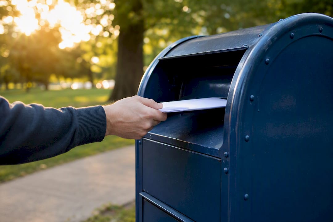 Hand mailing envelope into mailbox slot