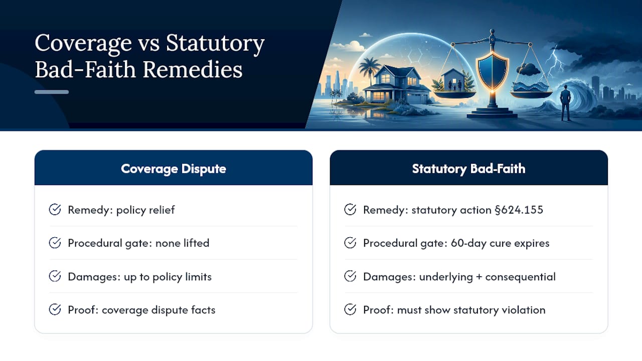 Diagram comparing coverage disputes and bad-faith statutory claims