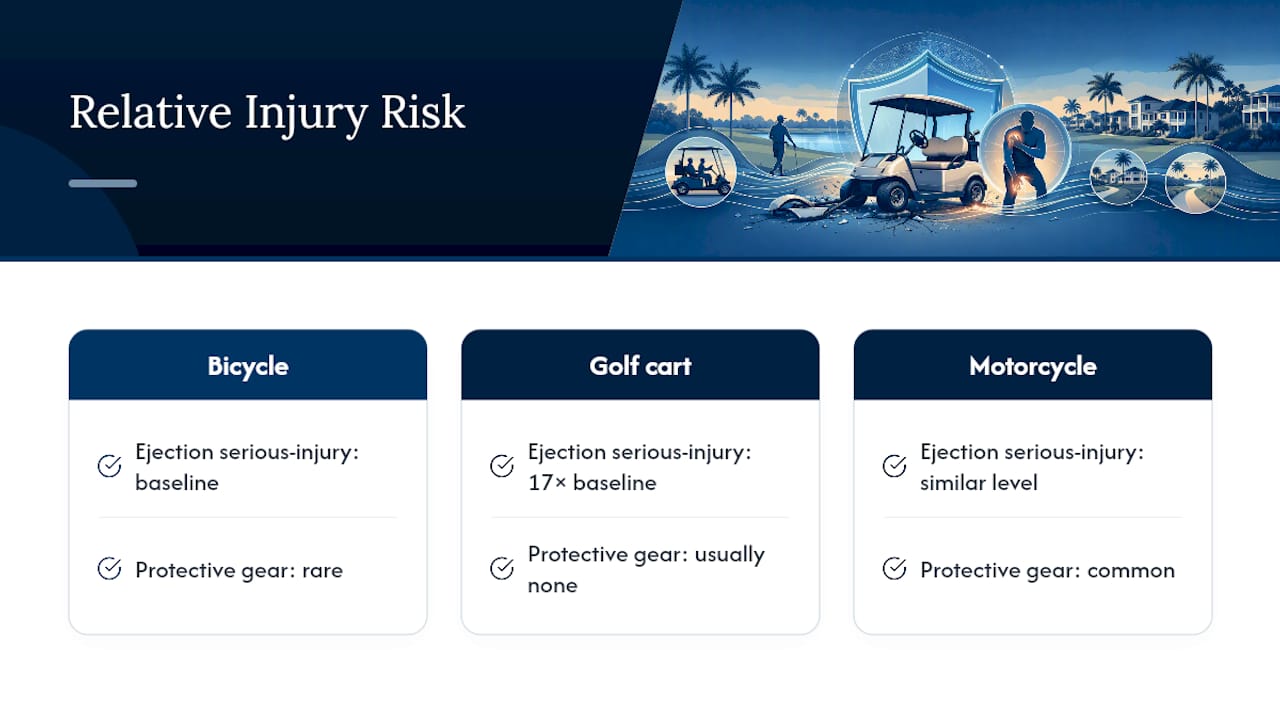 Comparison chart of golf cart injury risk vs bicycles and motorcycles