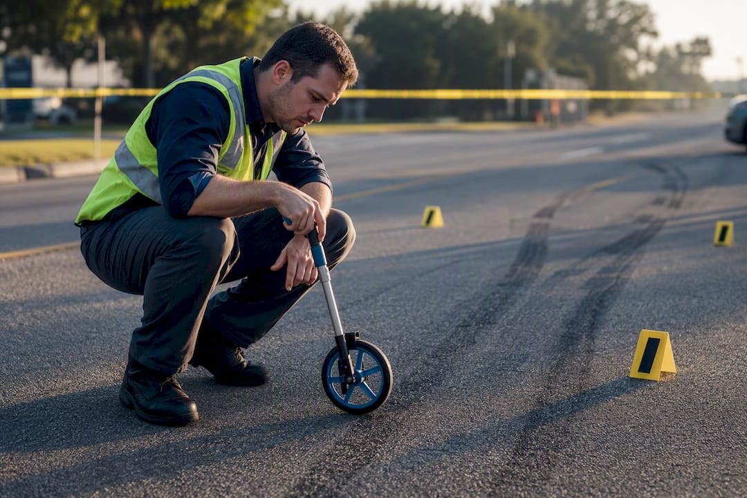 Investigator measuring fresh roadside tire marks