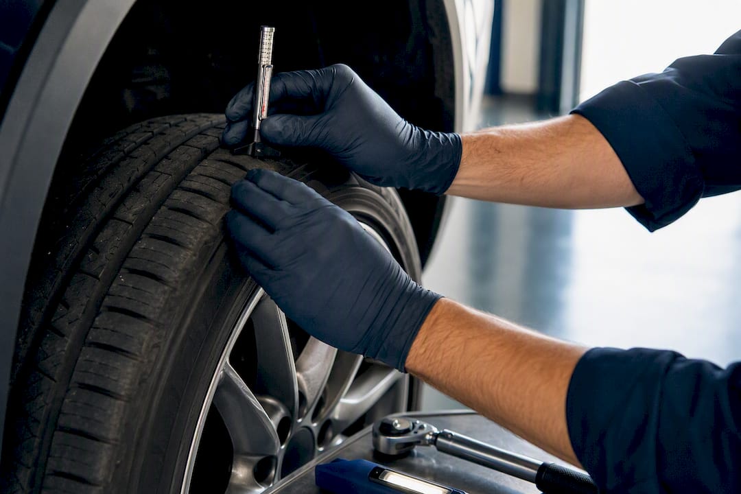 Technician measuring tire tread during inspection