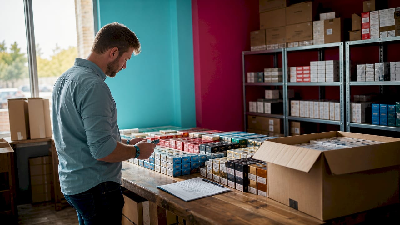 Hands comparing retail pack and bulk tobacco carton