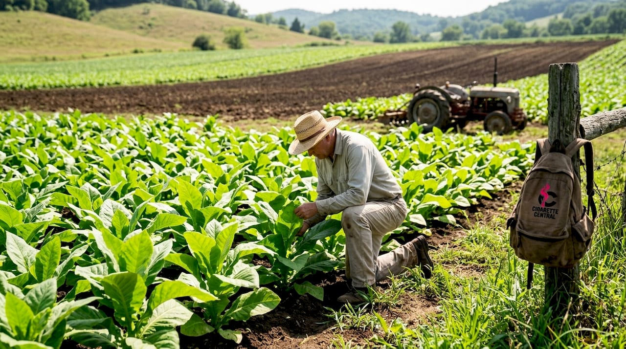 Farmer inspecting tobacco leaves in field