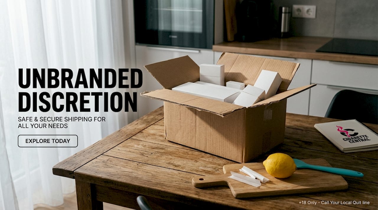 Plain brown shipping box with plain packaged tobacco cartons