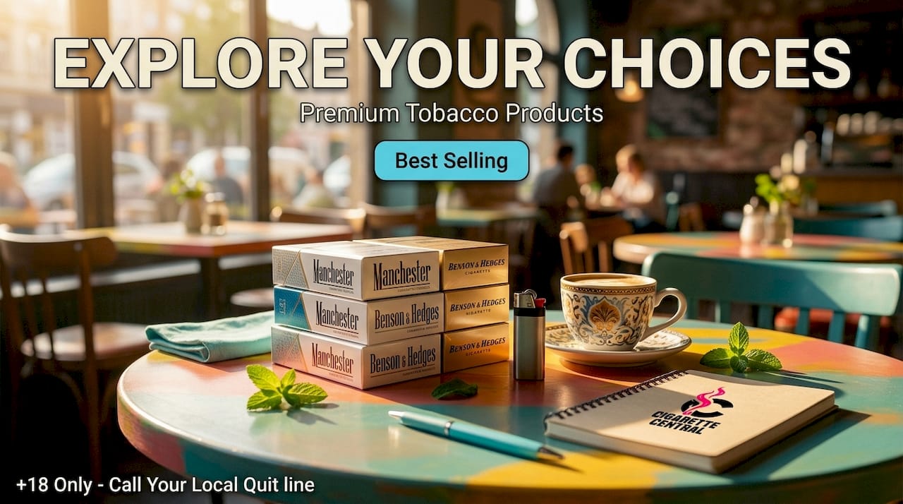Cigarette cartons on wood table with coffee cup
