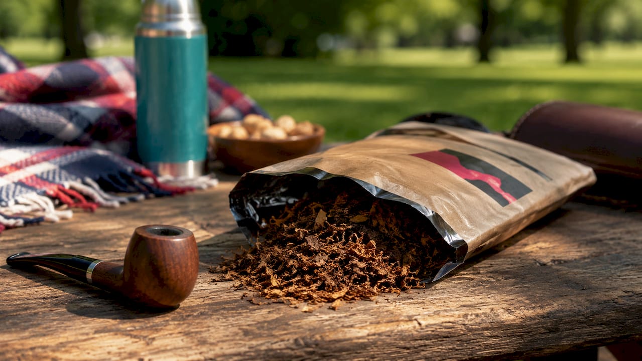 Loose burley tobacco pouch on marble countertop